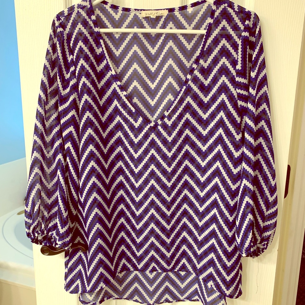 EUC Wishful Park Blue Black White Sheer Flowy Top